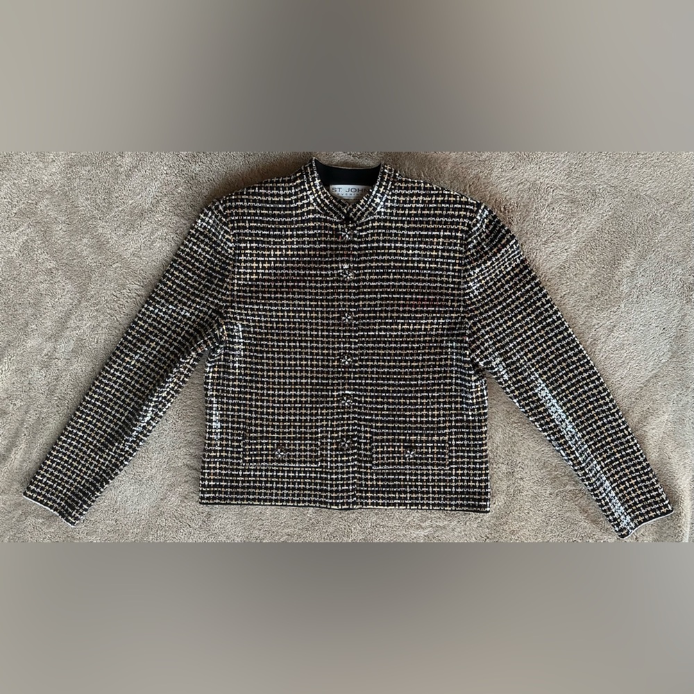 ST.JOHN Knit Black Metallic Silver Gold Sequins Rhinestone Jacket Size 4